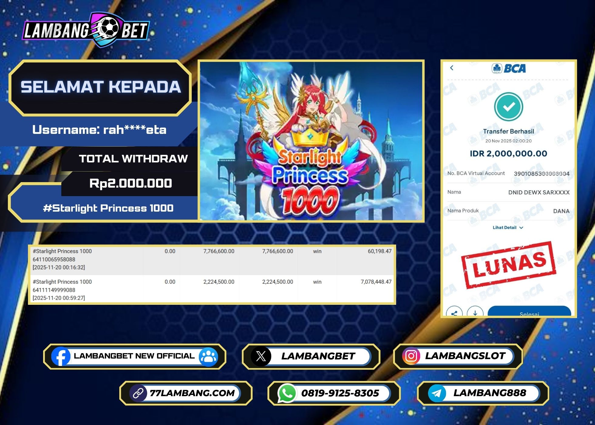LAMBANGBET [20 NOVEMBER 2025] JACKPOT SLOT Starlight Princess 1000 "Rp2.000.000" LUNAS